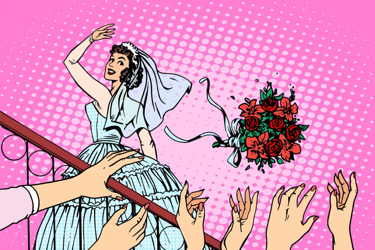 Wedding bride bouquet flowers bridesmaid woman. Beautiful girl in white wedding dress standing on the stairs and throws flowers into the hands of the wedding guests. Love fun romance pop art retro style
